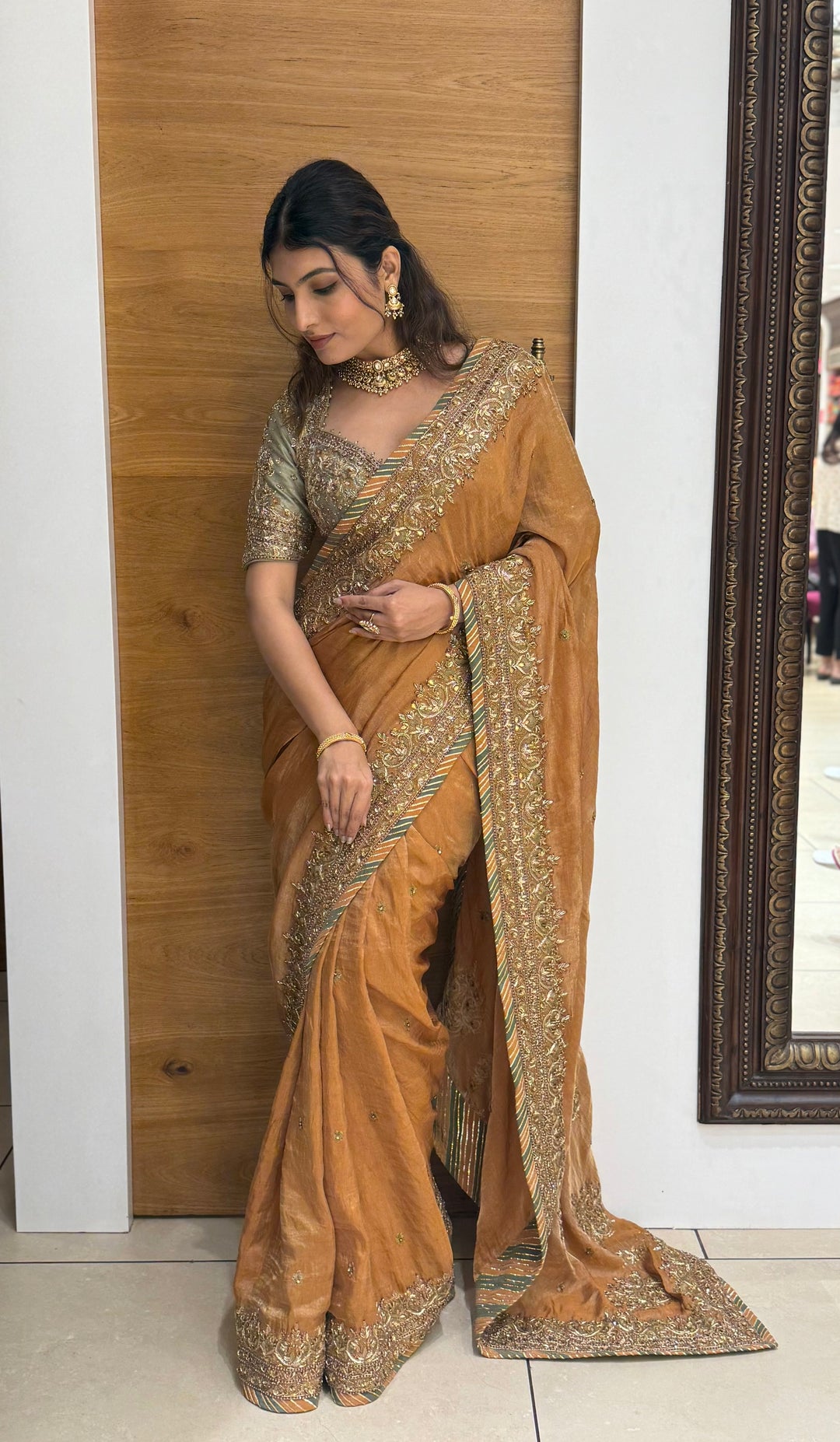Antique Mustard Zari Embroidered Tissue Silk Saree with Handcrafted Border