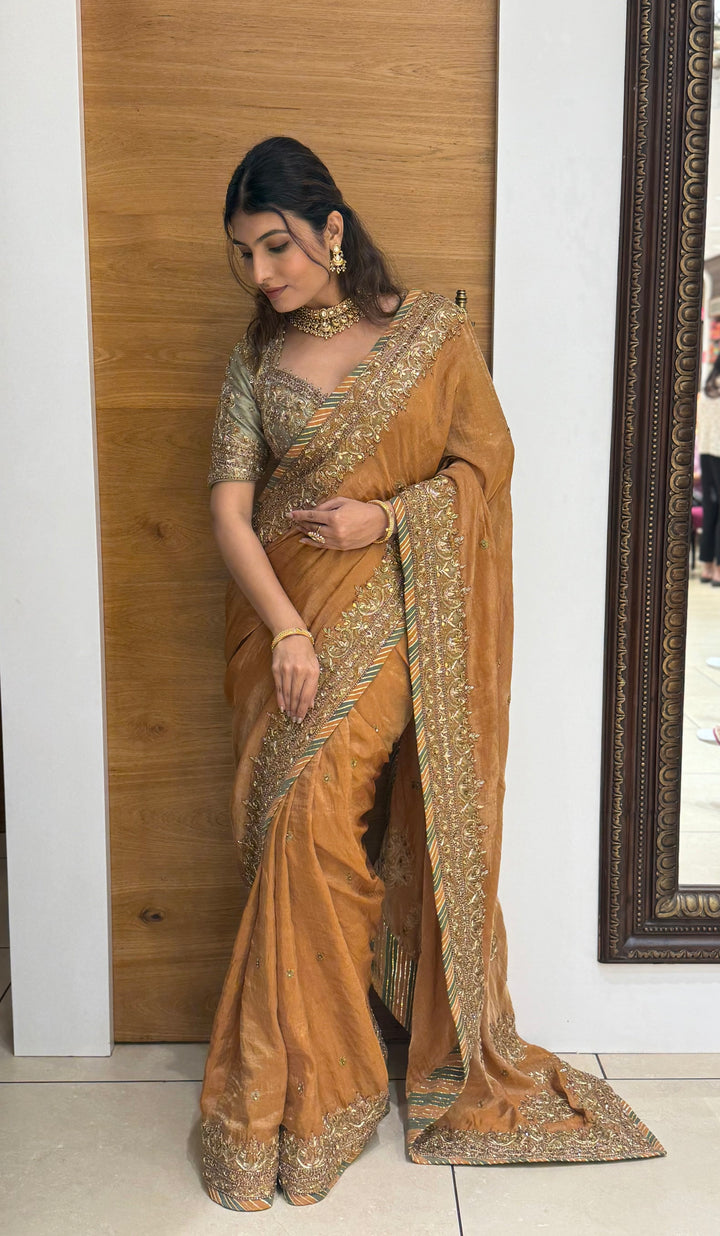 Antique Mustard Zari Embroidered Tissue Silk Saree with Handcrafted Border