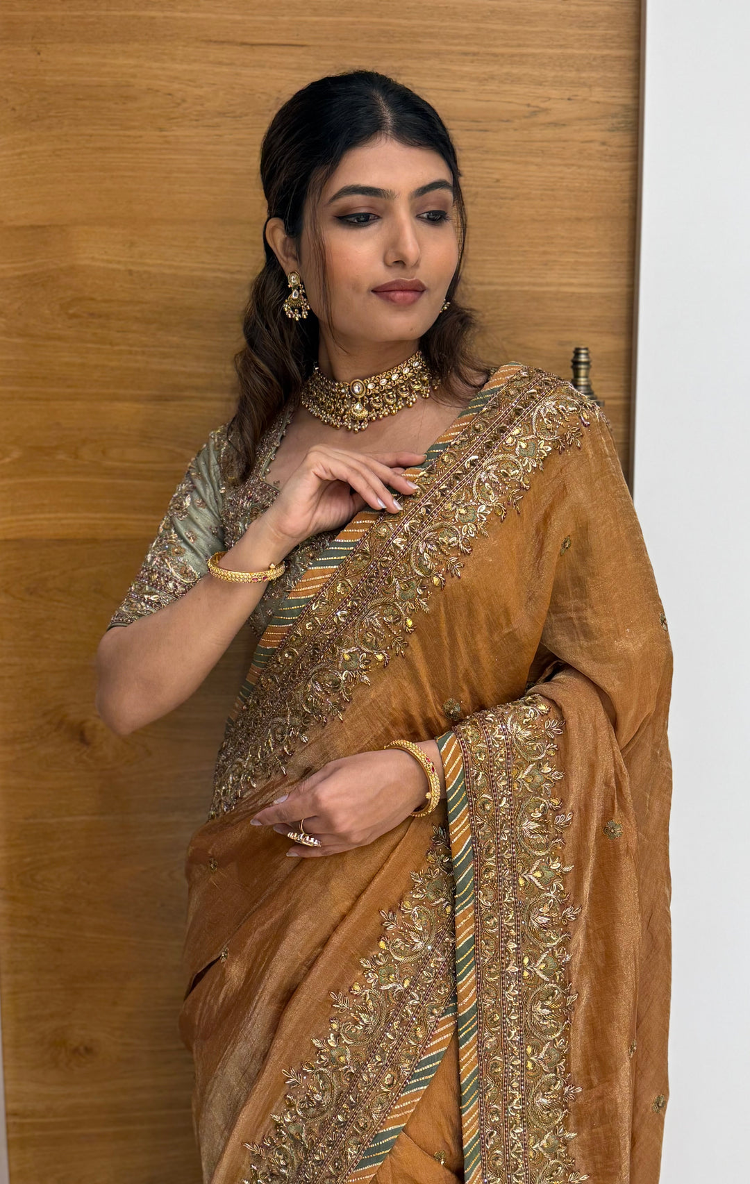 Antique Mustard Zari Embroidered Tissue Silk Saree with Handcrafted Border