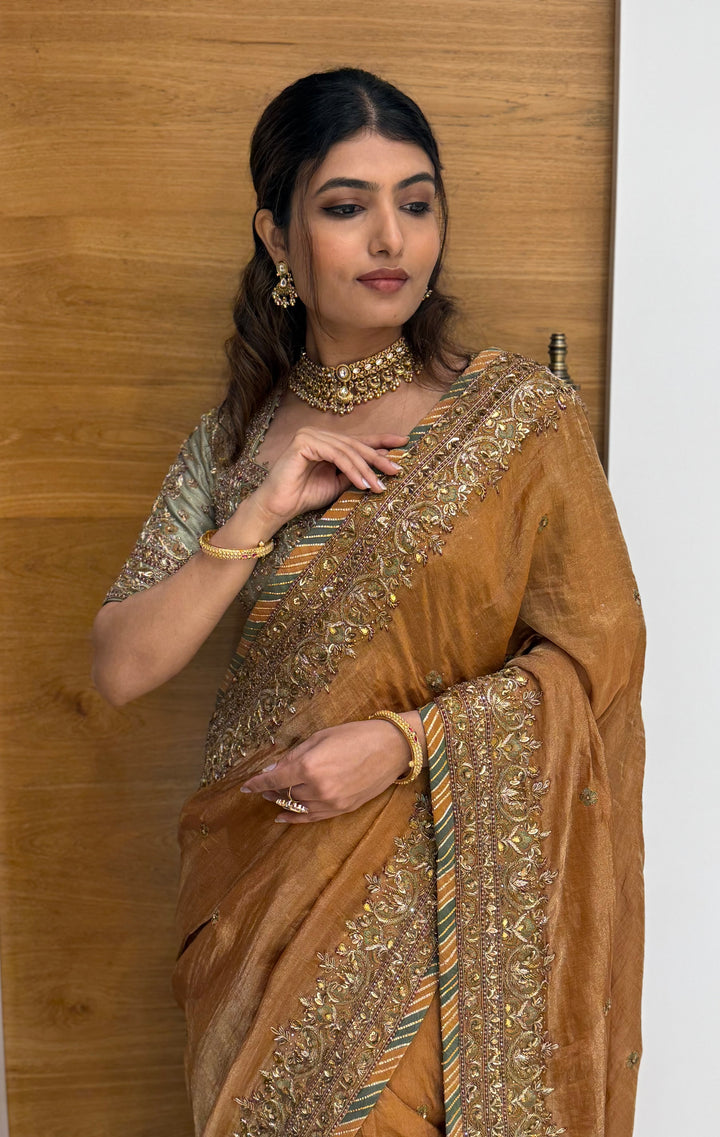 Antique Mustard Zari Embroidered Tissue Silk Saree with Handcrafted Border