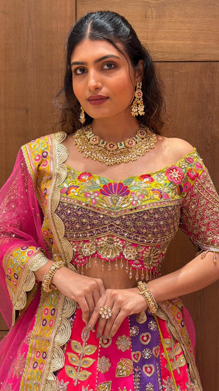 Rani Pink & Lime Green Royal Embroidered Bridal Lehenga Set