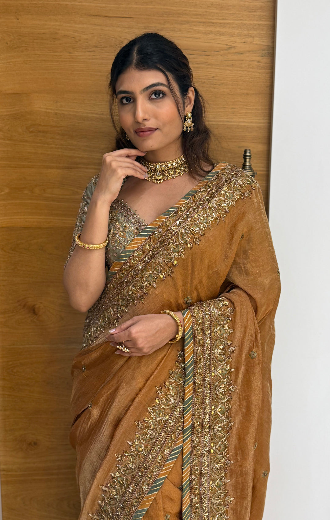 Antique Mustard Zari Embroidered Tissue Silk Saree with Handcrafted Border