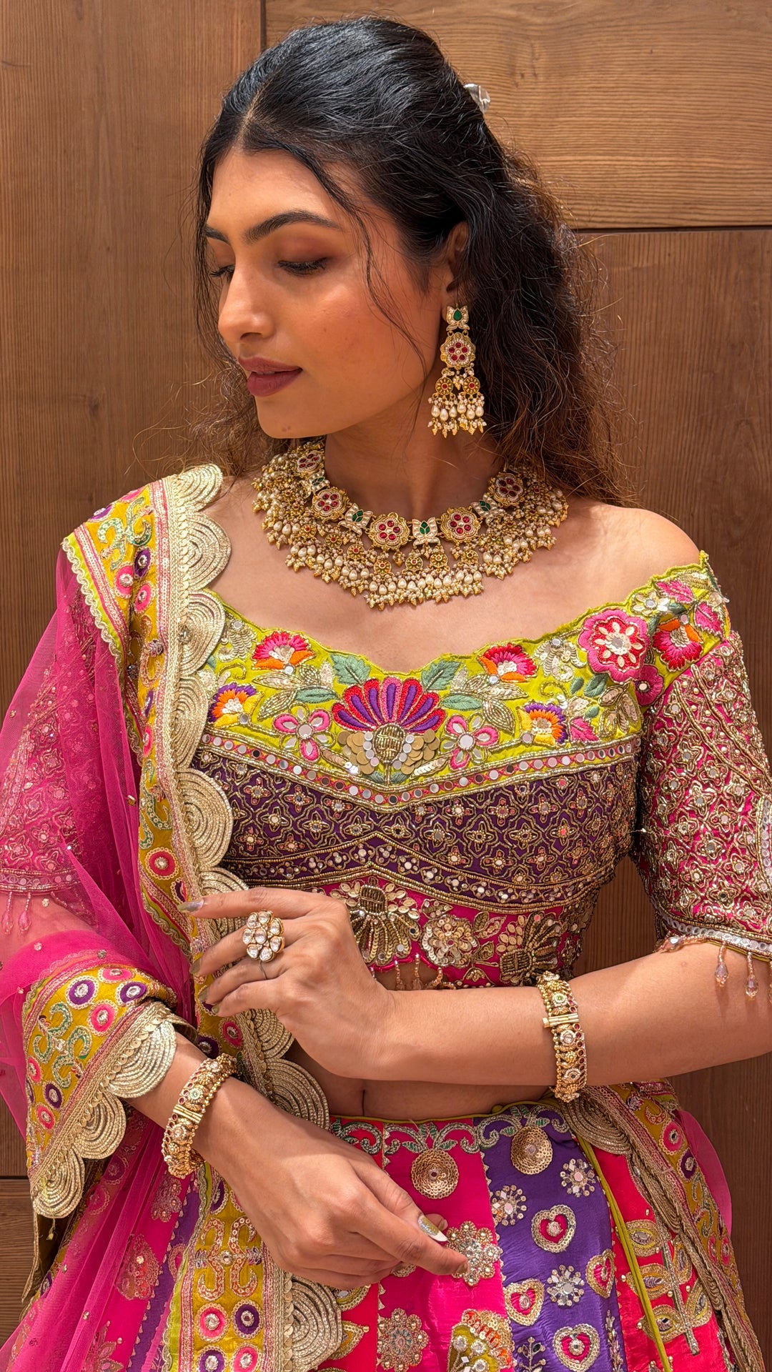 Rani Pink & Lime Green Royal Embroidered Bridal Lehenga Set