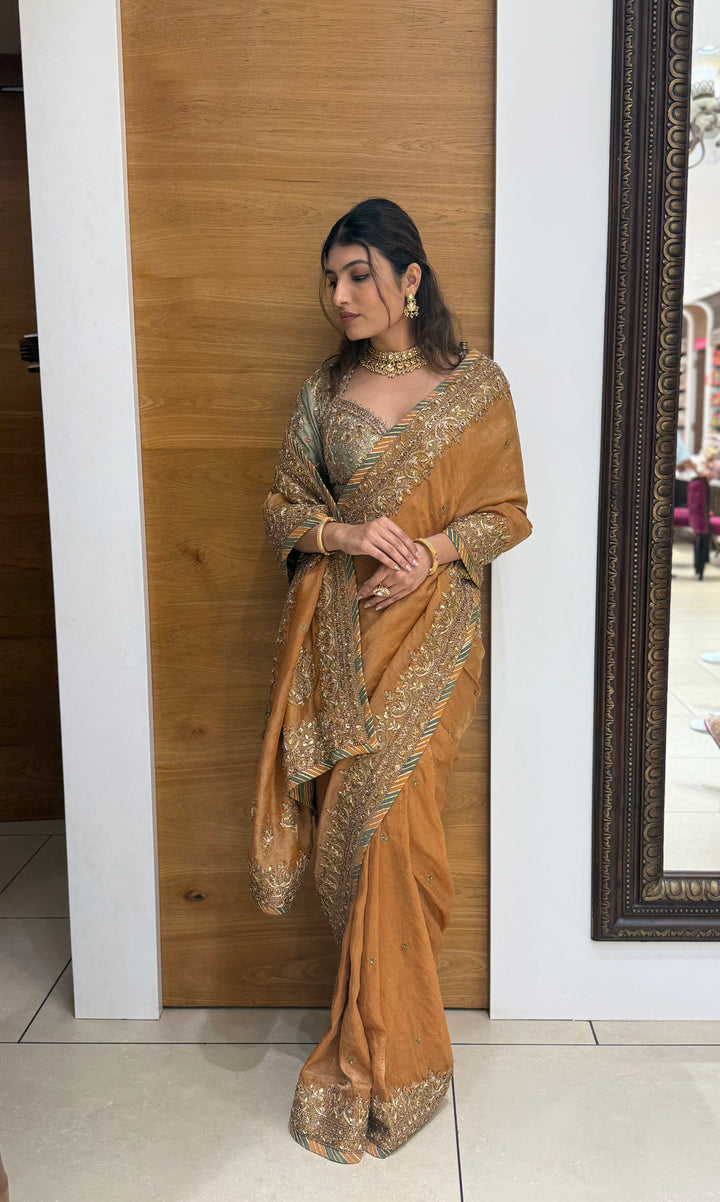 Antique Mustard Zari Embroidered Tissue Silk Saree with Handcrafted Border