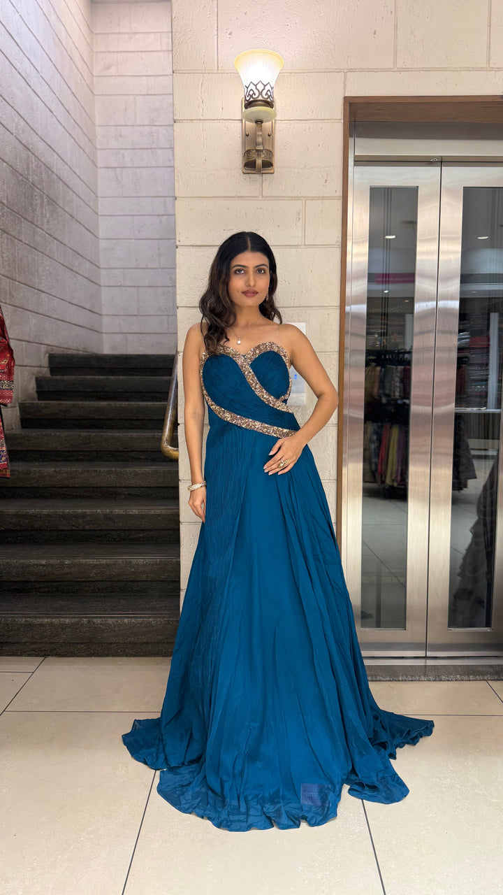 Teal Blue Designer Draped Indo-Western Gown