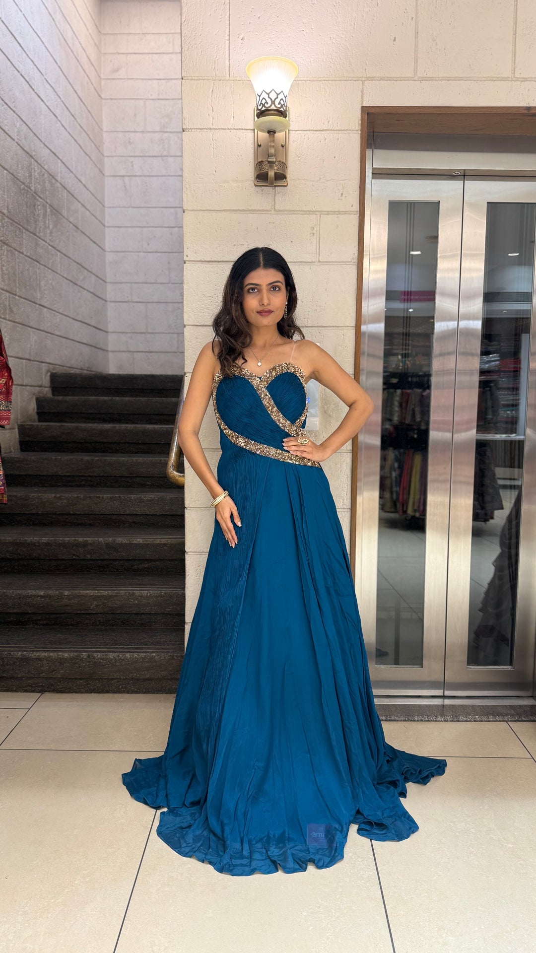 Teal Blue Designer Draped Indo-Western Gown