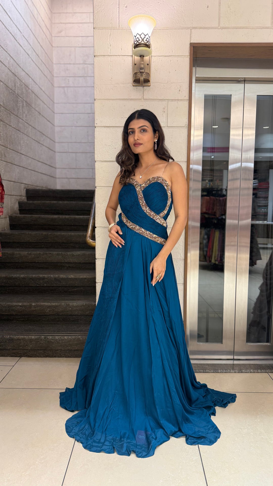 Teal Blue Designer Draped Indo-Western Gown