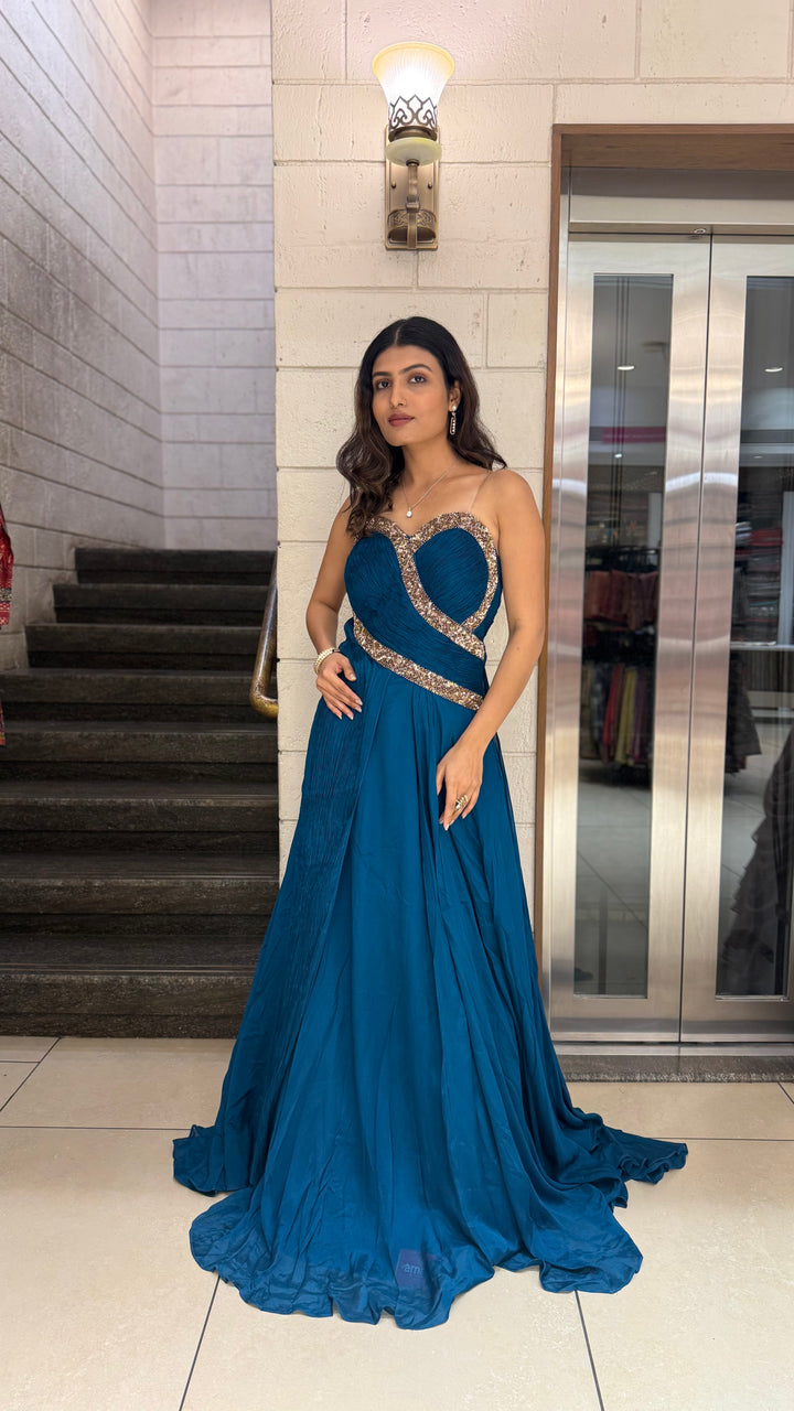 Teal Blue Designer Draped Indo-Western Gown