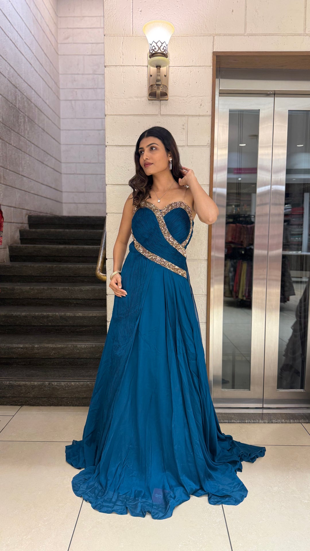 Teal Blue Designer Draped Indo-Western Gown