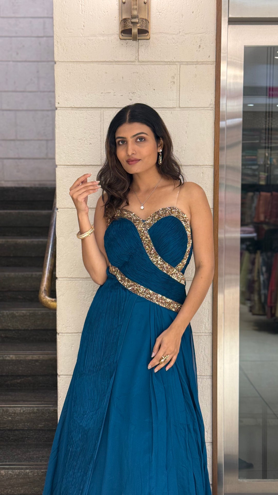 Teal Blue Designer Draped Indo-Western Gown