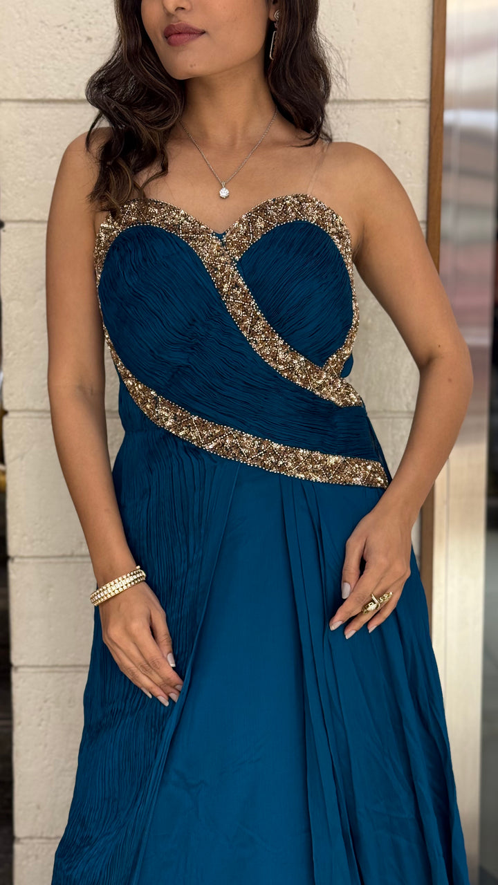 Teal Blue Designer Draped Indo-Western Gown