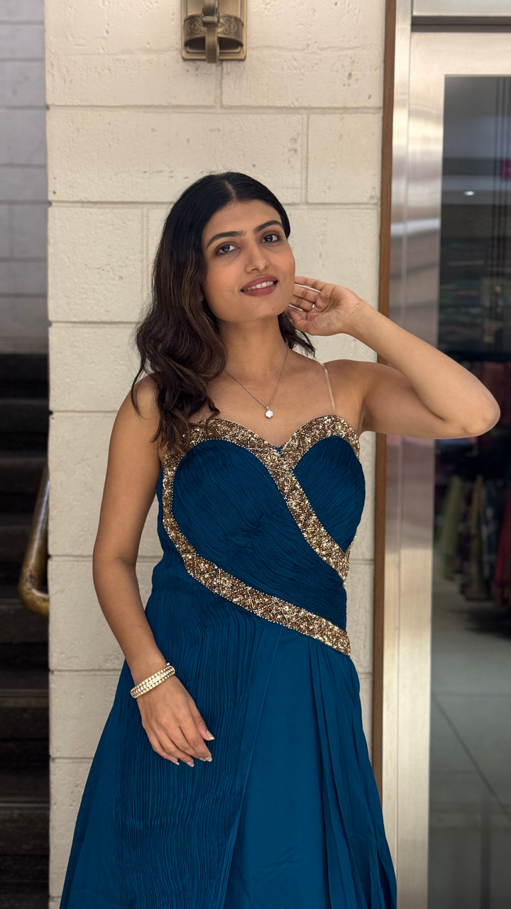 Teal Blue Designer Draped Indo-Western Gown