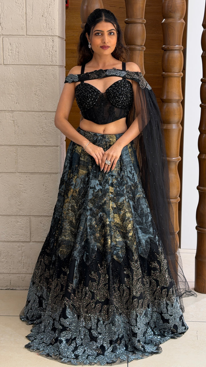 Midnight Black Designer Lehenga Set with Embellished Corset Blouse & Net Dupatta