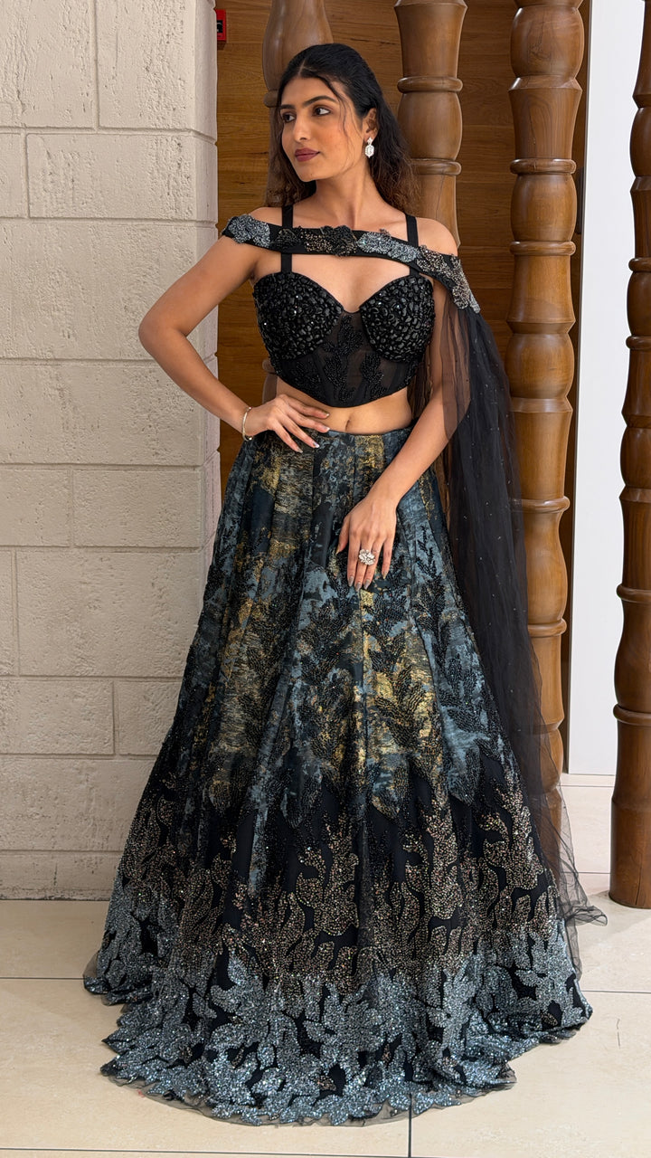 Midnight Black Designer Lehenga Set with Embellished Corset Blouse & Net Dupatta