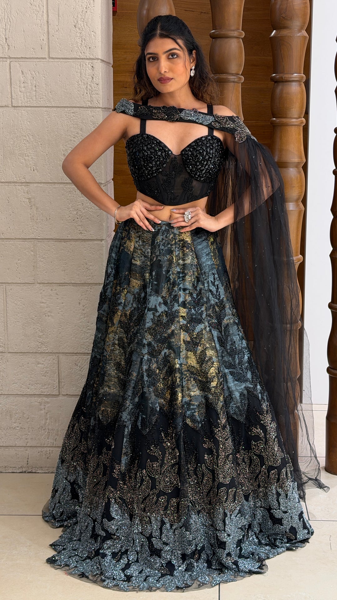 Midnight Black Designer Lehenga Set with Embellished Corset Blouse & Net Dupatta