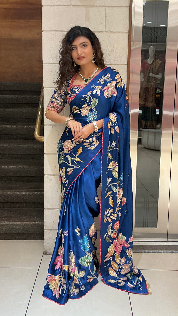 Royal Blue Multicolor Floral Embroidered Designer Saree