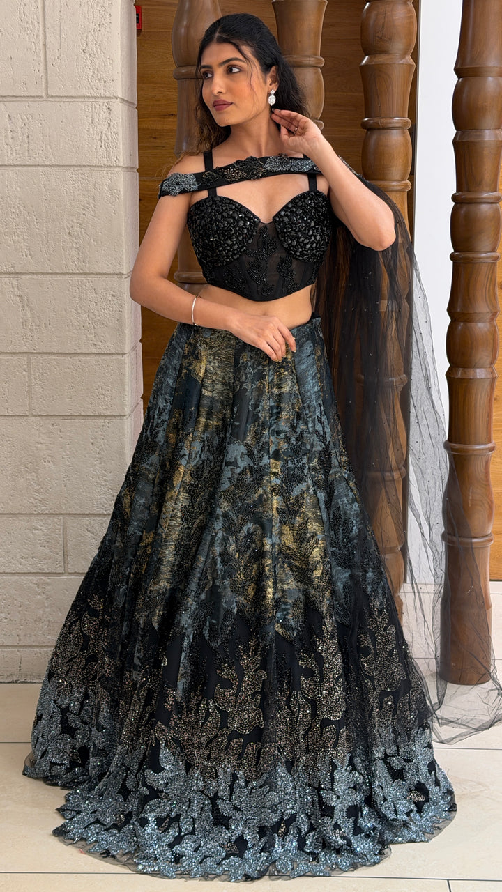Midnight Black Designer Lehenga Set with Embellished Corset Blouse & Net Dupatta