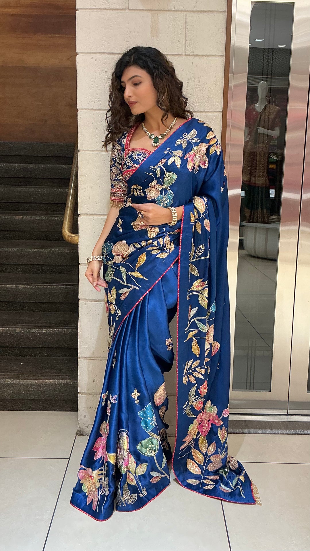 Royal Blue Multicolor Floral Embroidered Designer Saree