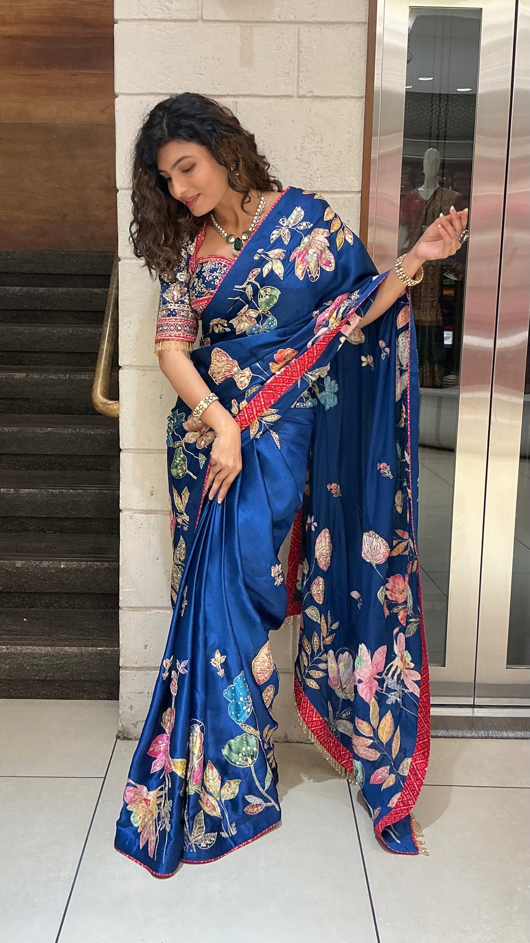 Royal Blue Multicolor Floral Embroidered Designer Saree