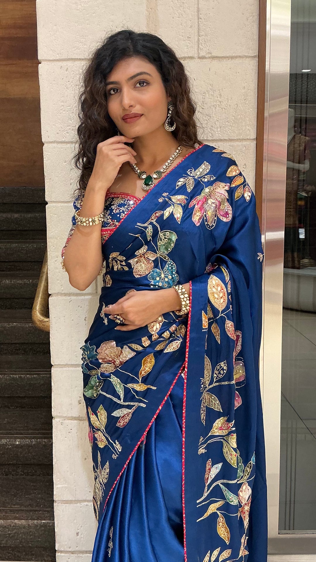 Royal Blue Multicolor Floral Embroidered Designer Saree