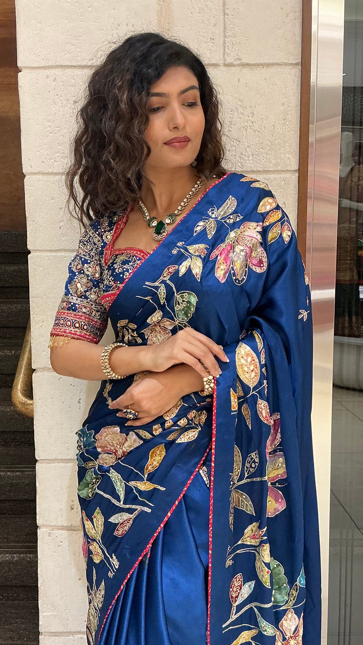 Royal Blue Multicolor Floral Embroidered Designer Saree