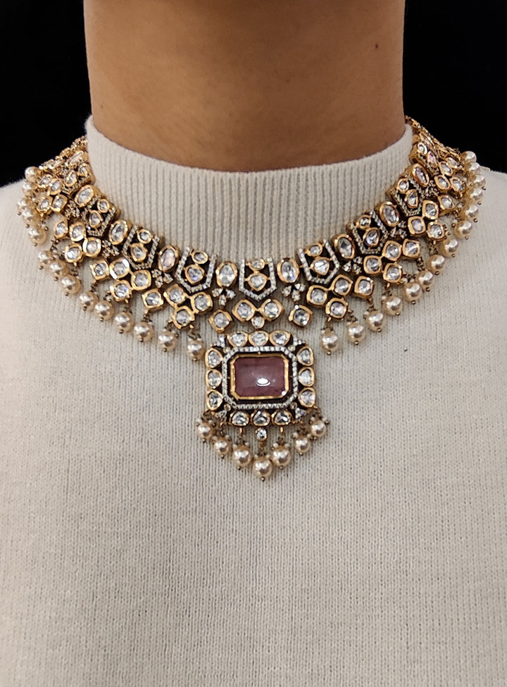 Premium Kundan Polki Bridal Necklace Set with Pearls & Pink Stone Centerpiece