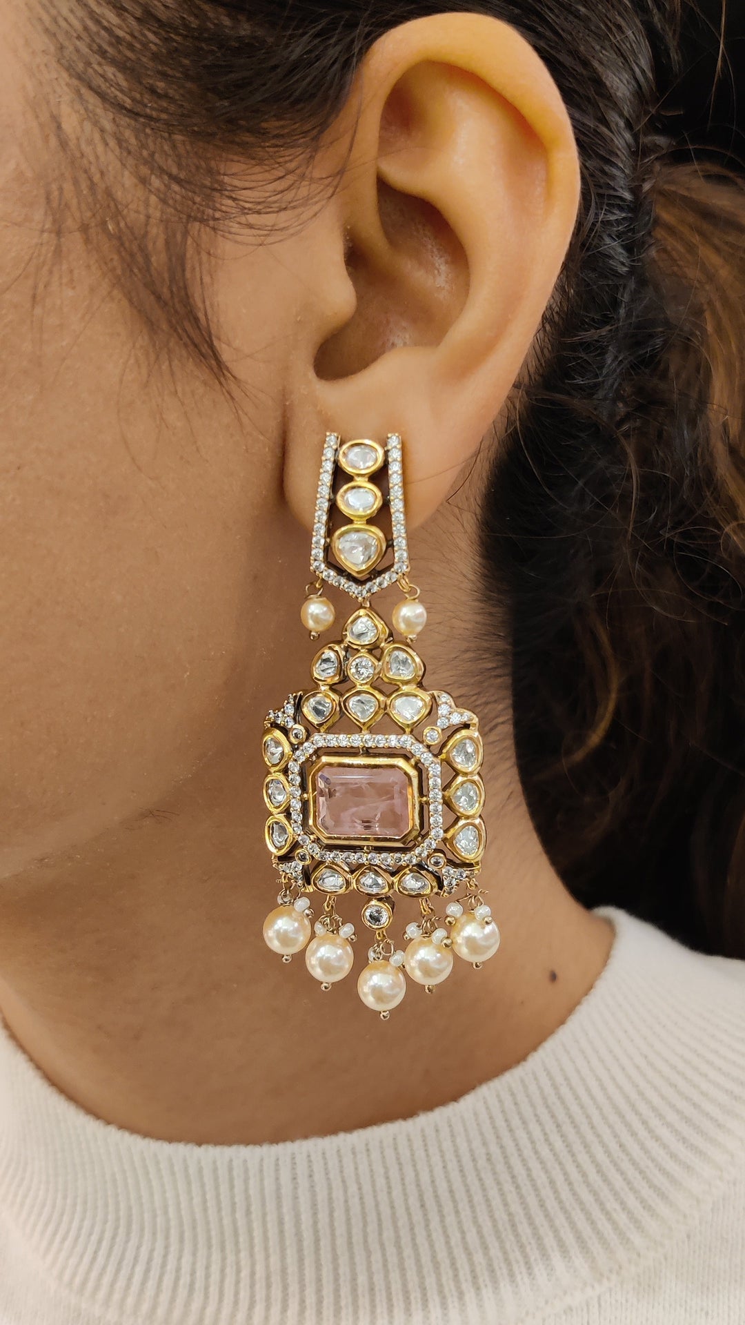 Premium Kundan Polki Bridal Necklace Set with Pearls & Pink Stone Centerpiece