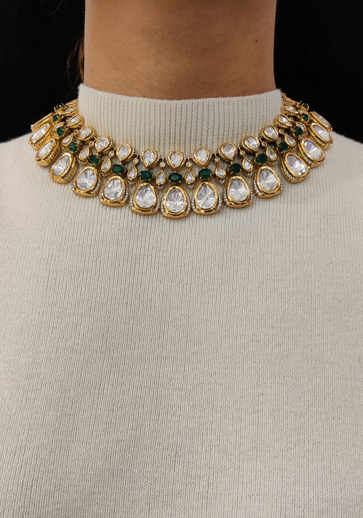 Emerald Green & Kundan Gold-Plated Choker Necklace Set with Matching Earrings
