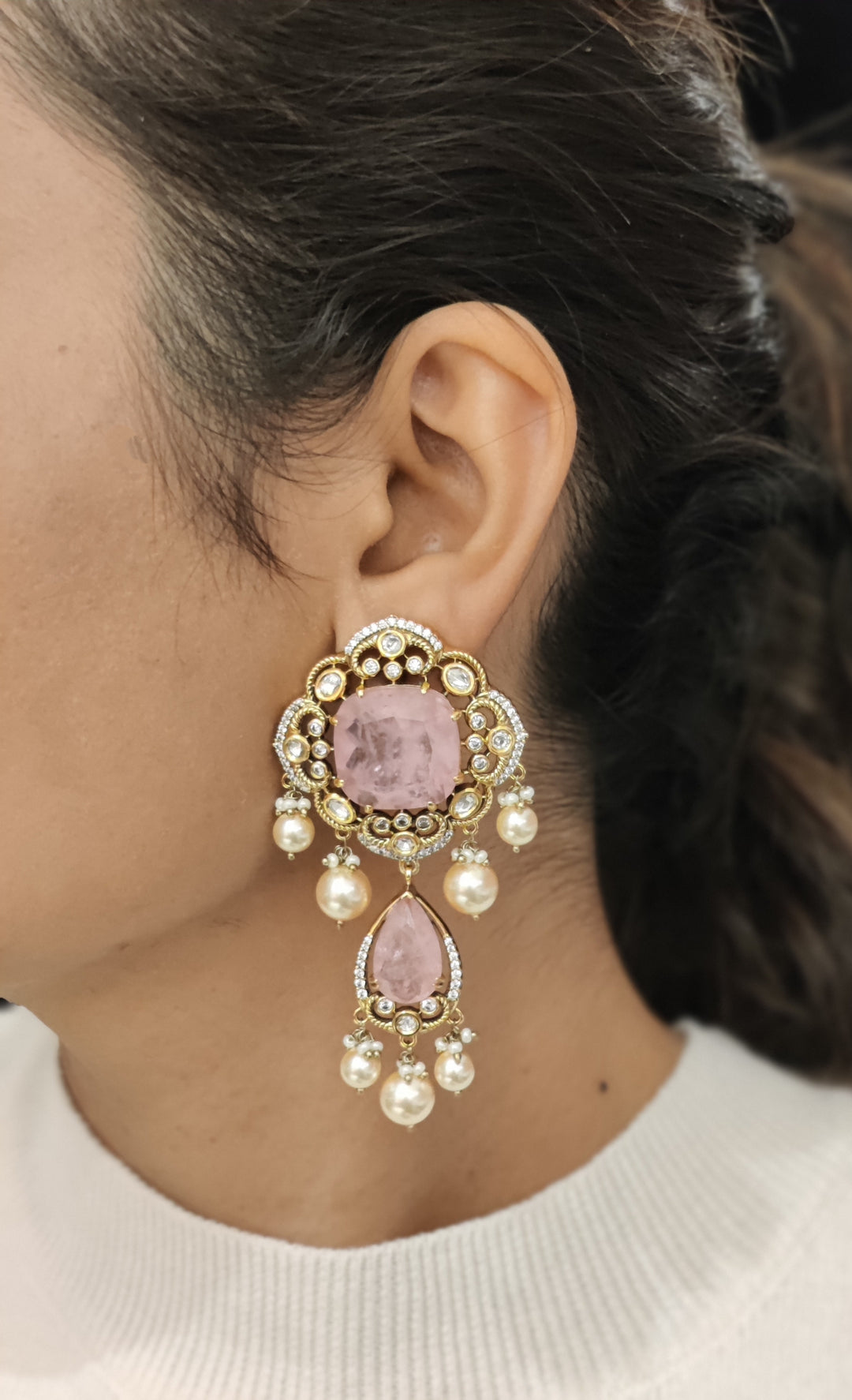 Premium Pink Stone Kundan Pearl Choker Necklace Set – Bridal & Festive Jewelry