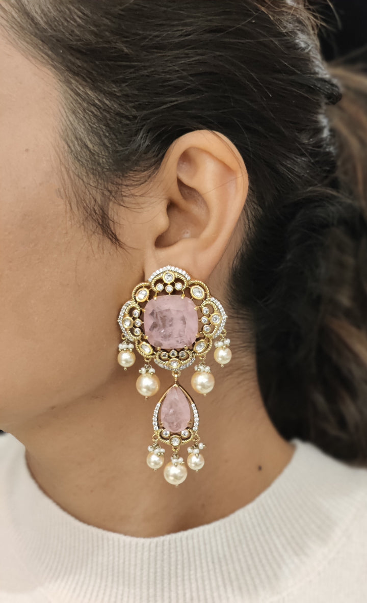 Premium Pink Stone Kundan Pearl Choker Necklace Set – Bridal & Festive Jewelry