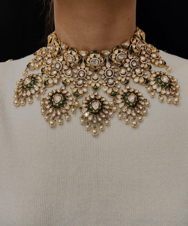 Royal Green Meenakari Kundan Bridal Necklace Set with Earrings & Maang Tikka