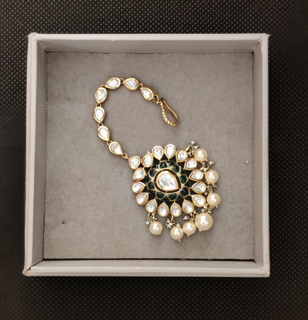 Royal Green Meenakari Kundan Bridal Necklace Set with Earrings & Maang Tikka