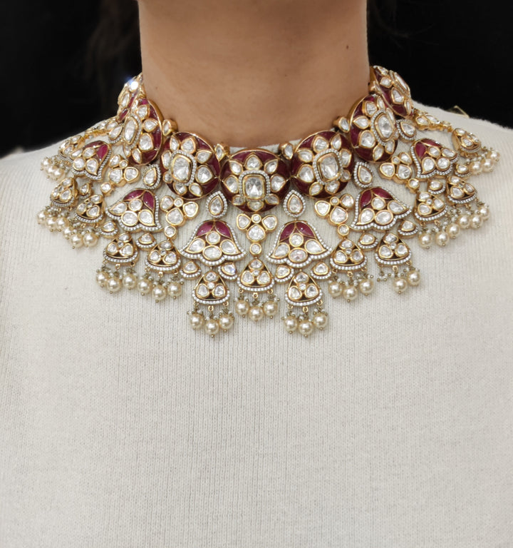 Ruby Red Kundan Bridal Necklace Set with Pearls – Premium Handcrafted Wedding Jewellery