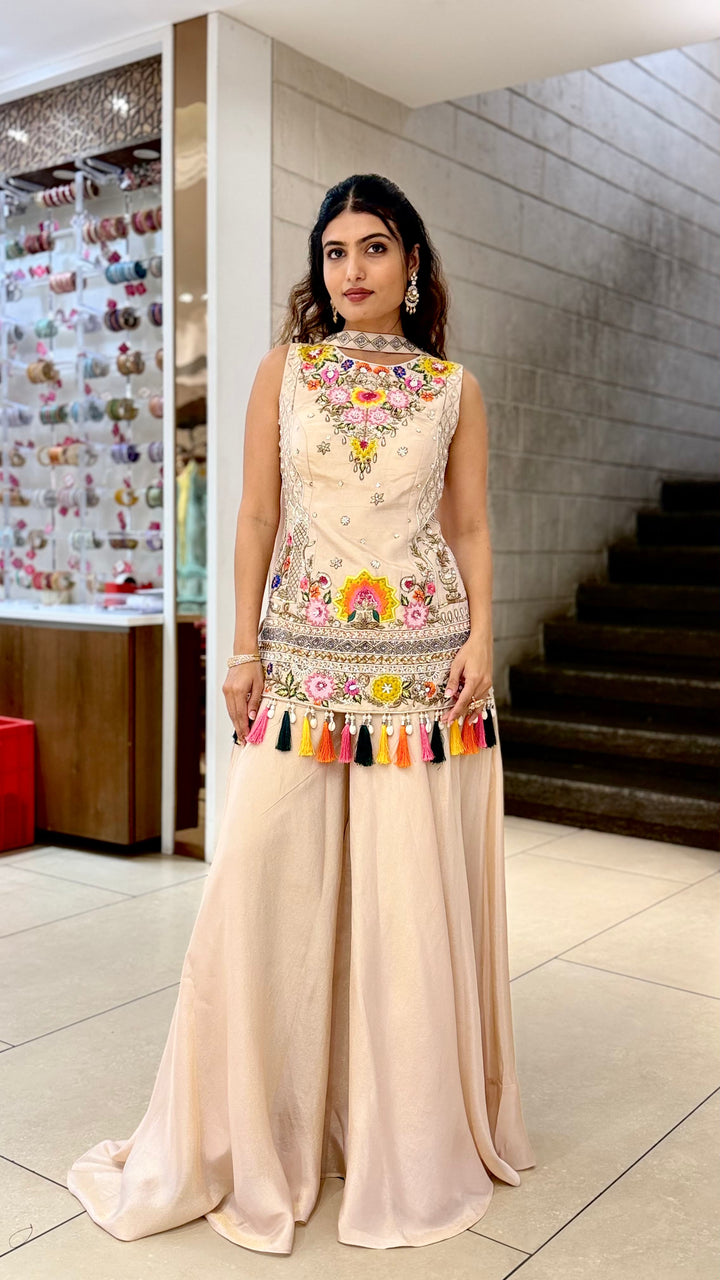 Blush Beige Embroidered Long Kurti with Palazzo Set