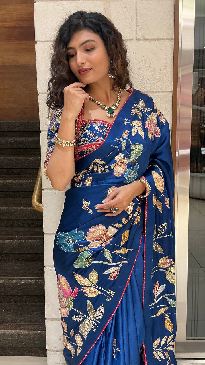 Royal Blue Multicolor Floral Embroidered Designer Saree