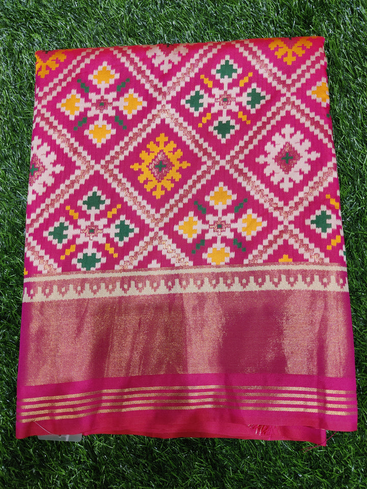 Patola Weaving Silk Saree with Traditional Geometric Ikat Design & Rich Zari Border