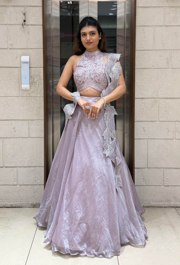 Lavender Embellished Designer Lehenga Set with Ruffled Dupatta – Celestial Charm Edition