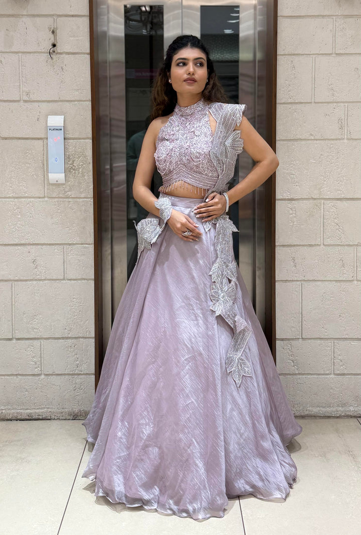 Lavender Embellished Designer Lehenga Set with Ruffled Dupatta – Celestial Charm Edition