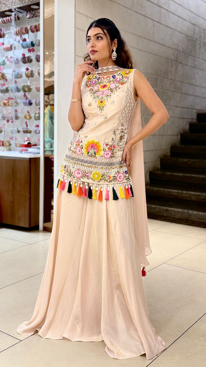 Blush Beige Embroidered Long Kurti with Palazzo Set