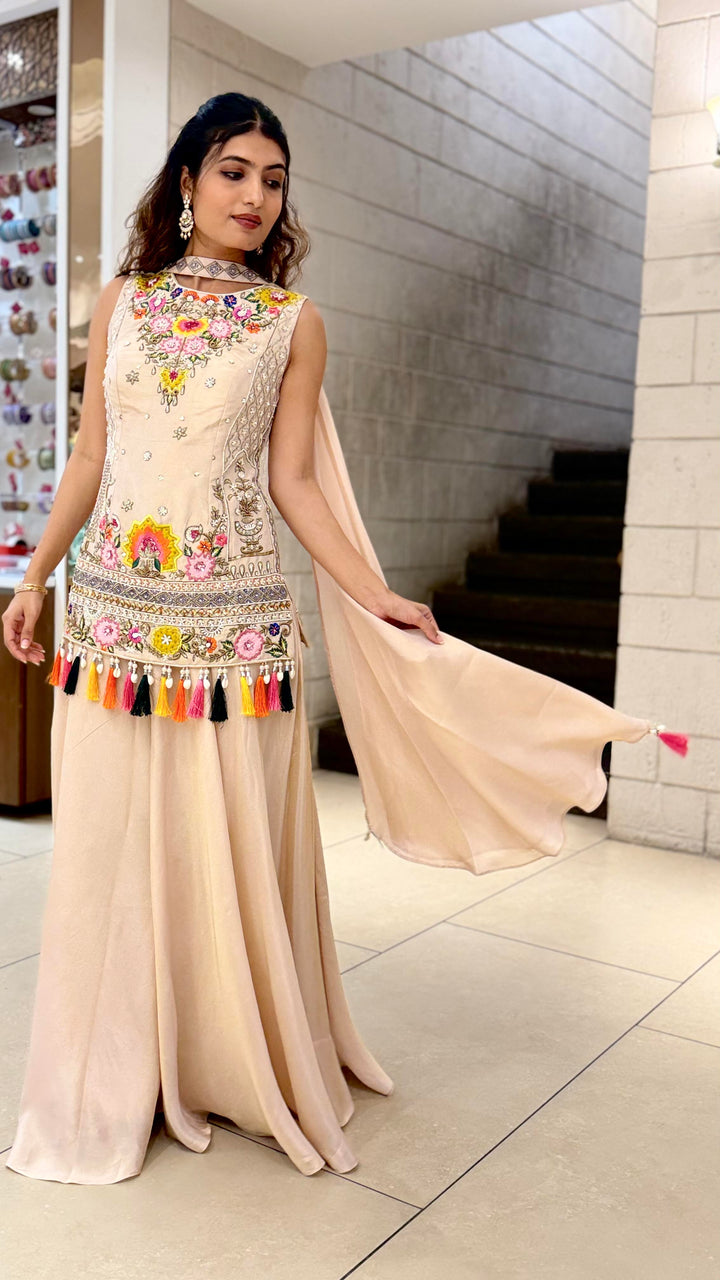 Blush Beige Embroidered Long Kurti with Palazzo Set