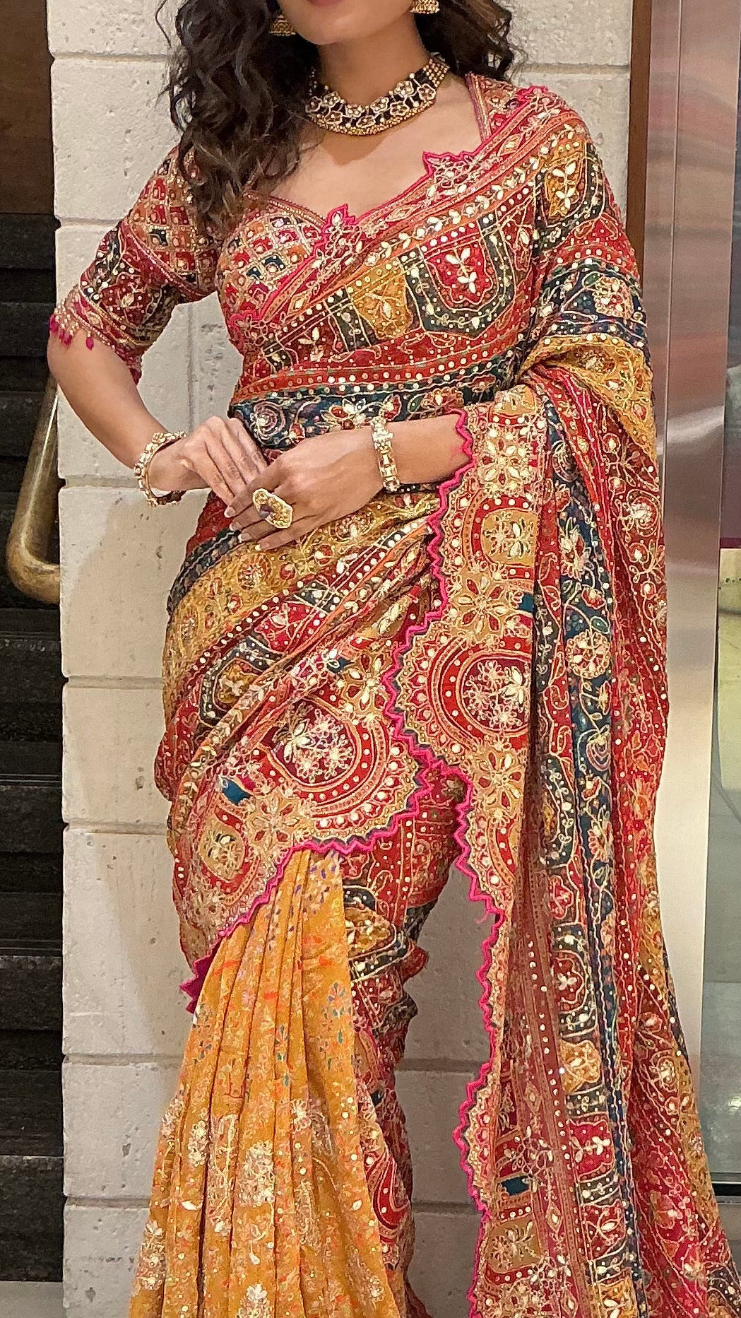 Deep Red & Mustard Gold Multicolor Heritage Embroidered Designer Saree