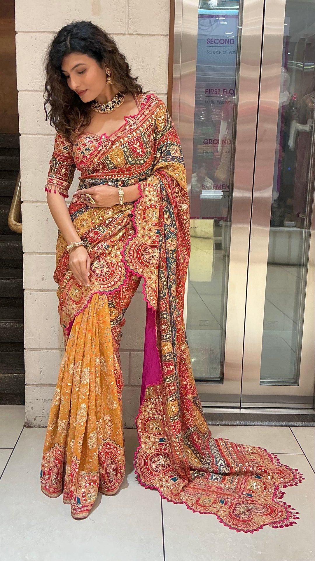 Deep Red & Mustard Gold Multicolor Heritage Embroidered Designer Saree