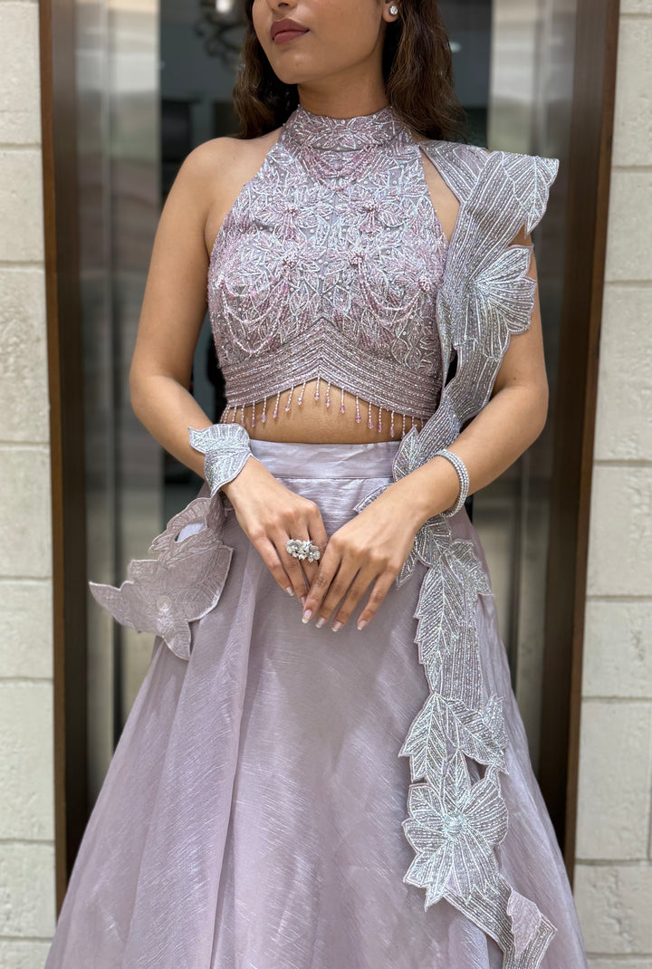 Lavender Embellished Designer Lehenga Set with Ruffled Dupatta – Celestial Charm Edition