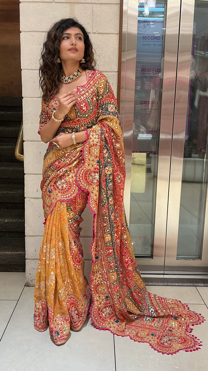 Deep Red & Mustard Gold Multicolor Heritage Embroidered Designer Saree