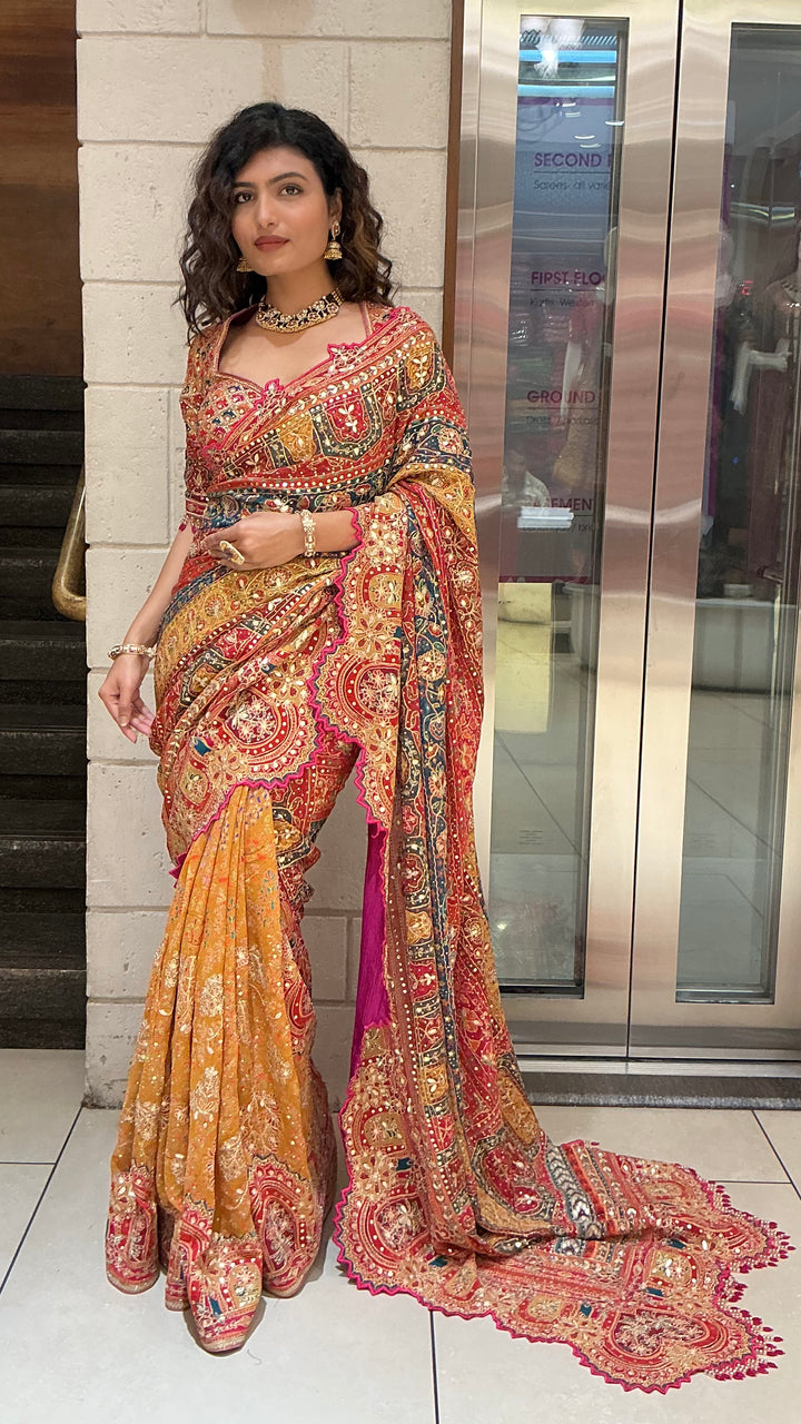Deep Red & Mustard Gold Multicolor Heritage Embroidered Designer Saree