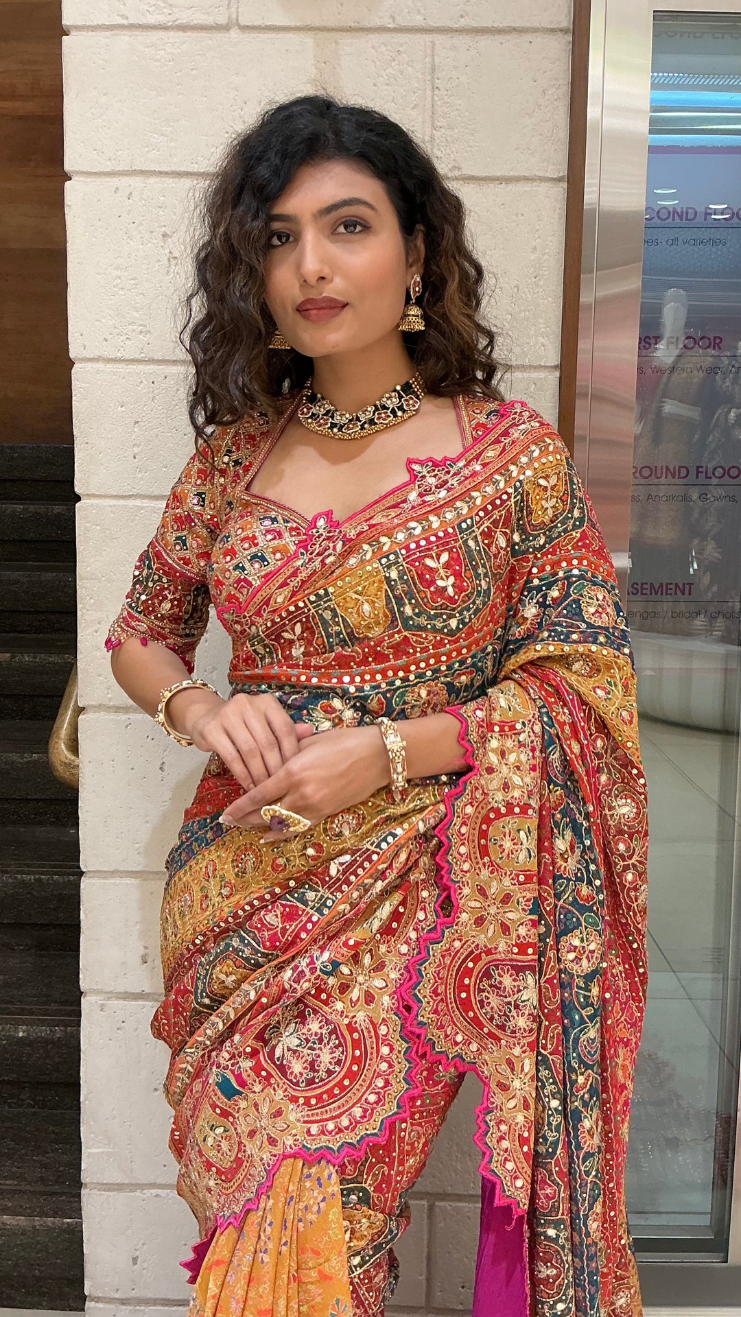 Deep Red & Mustard Gold Multicolor Heritage Embroidered Designer Saree