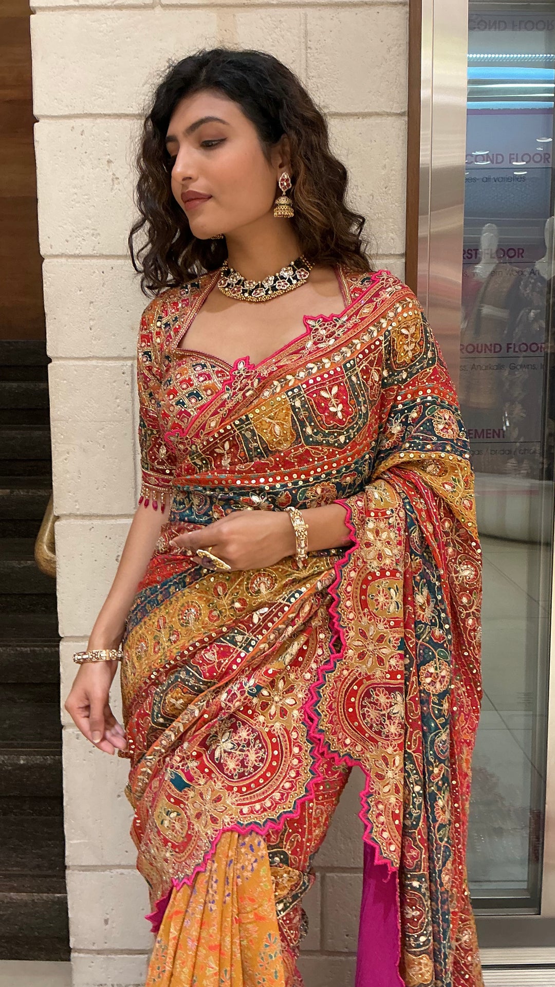 Deep Red & Mustard Gold Multicolor Heritage Embroidered Designer Saree