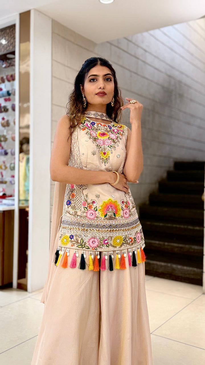 Blush Beige Embroidered Long Kurti with Palazzo Set