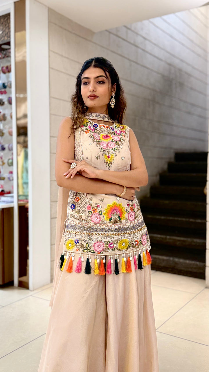 Blush Beige Embroidered Long Kurti with Palazzo Set