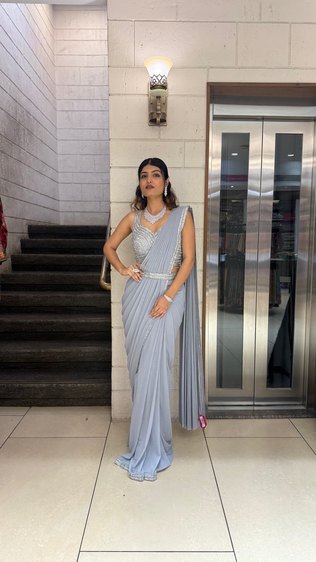 Silver Grey Designer Ready-to-Wear Saree with Sequin Blouse
